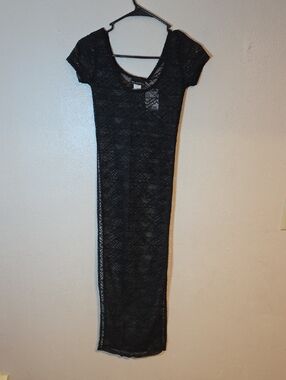 Say Anything Black Lace Maxi Sheer Split Side Dress with Short Sleeves S